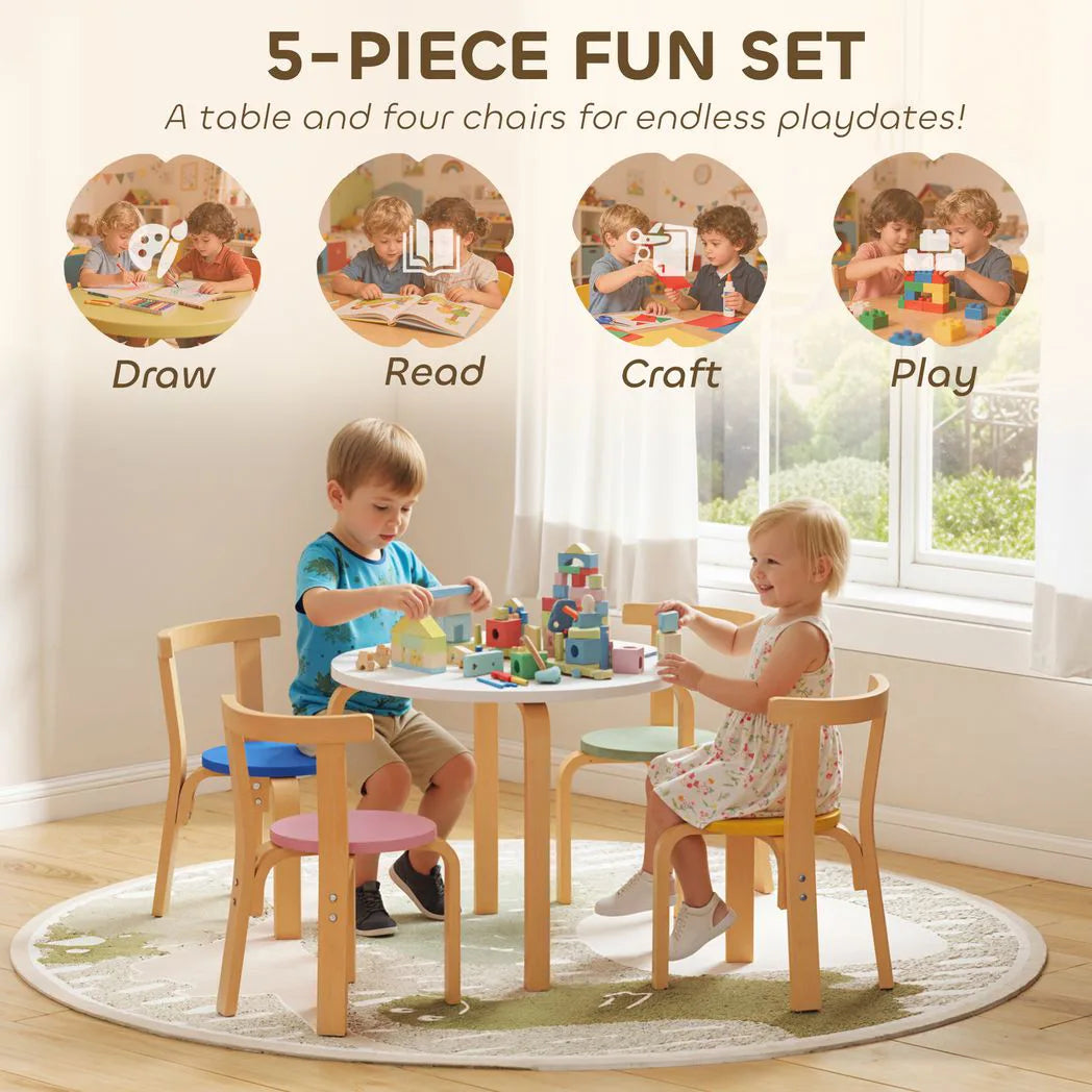 AIYAPLAY 5 Piece Wooden Kids Table and Chairs Set with Rounded Edges – Toddler Furniture for Nursery, Playroom, Classroom, Ages 3-8