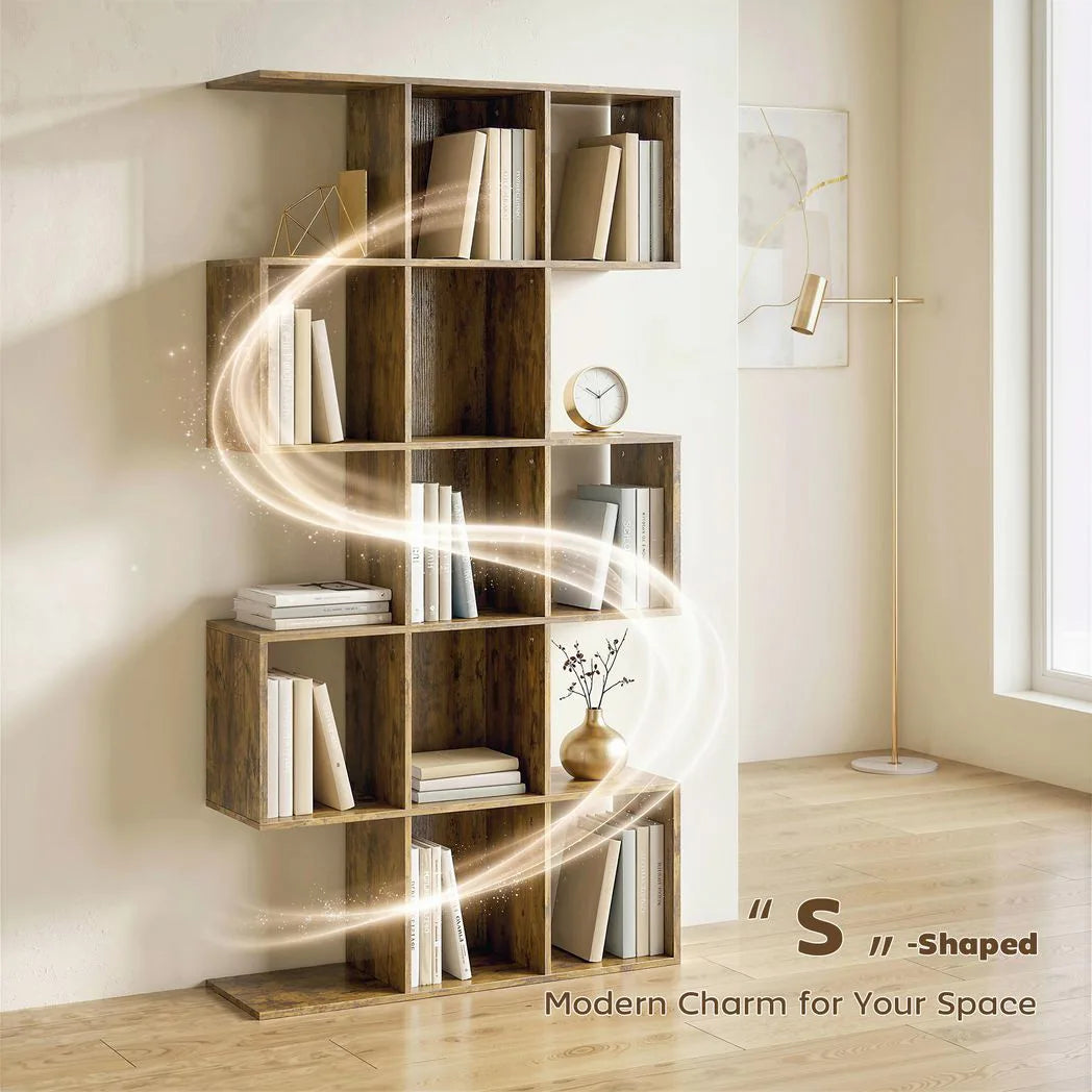 HOMCOM 5-Tier S-Shaped Geometric Bookcase with 15 Compartments – Slim Display Shelf with Anti-Tip Hardware, Rustic Brown