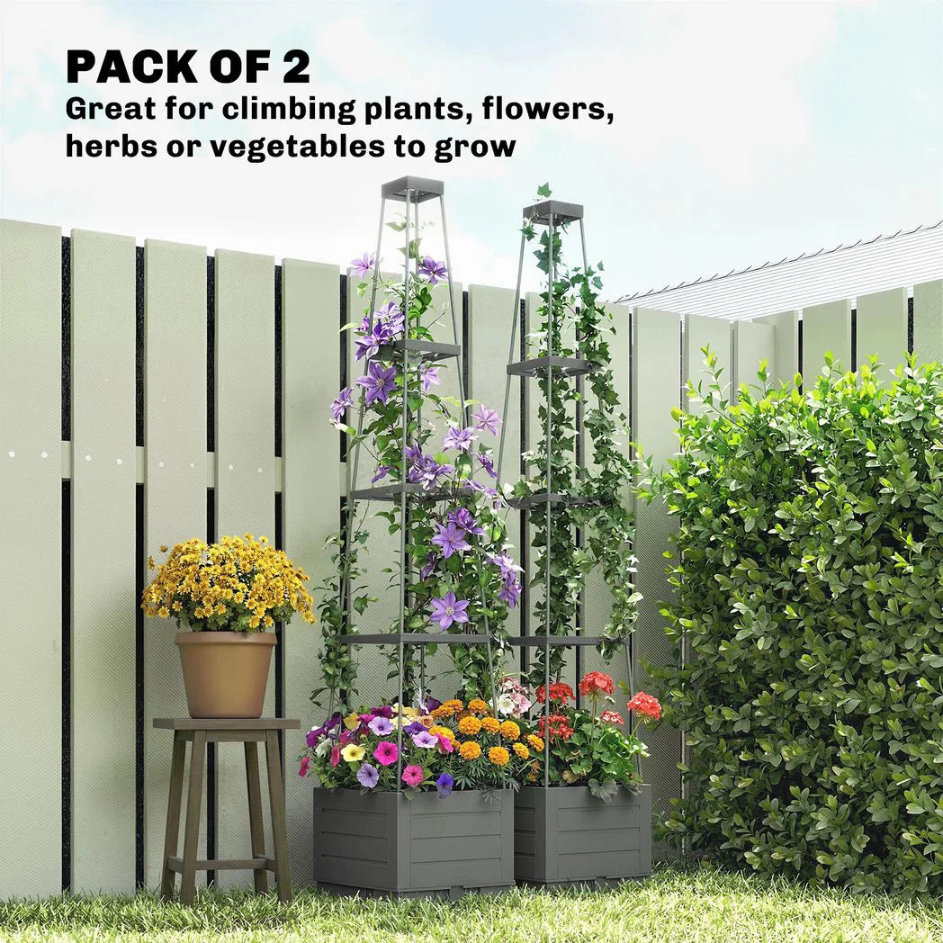 Outsunny Set of 2 Raised Garden Planters with Trellis – 12L Plastic Planter Boxes with Removable Drainage Trays