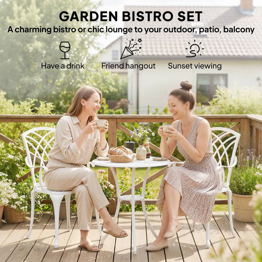 Outsunny 3 Piece Cast Aluminium Garden Bistro Set with 2 Chairs and Round Table with Parasol Hole, White
