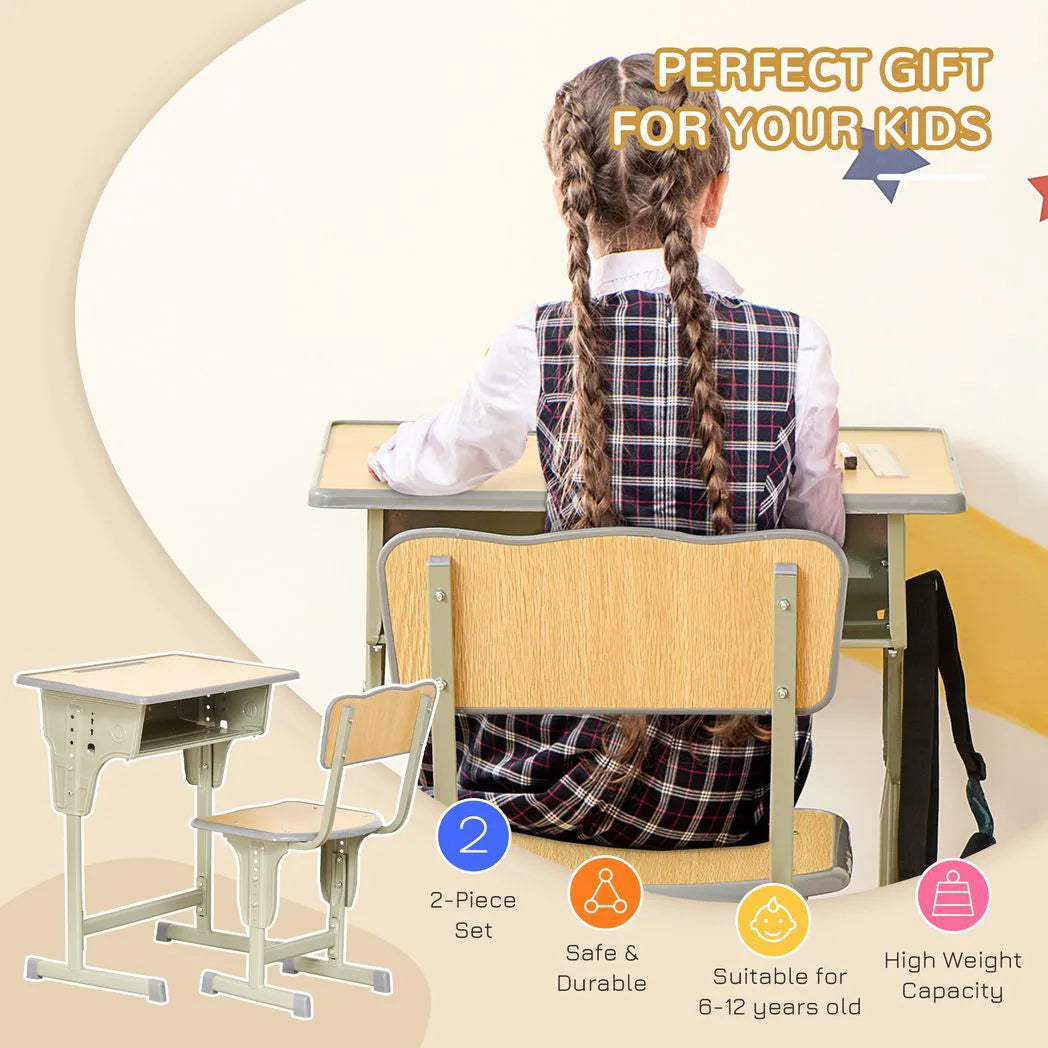 HOMCOM Height Adjustable Kids Desk and Chair Set with Storage, Bag Hook & Pen Holder – Ages 6-12, Grey