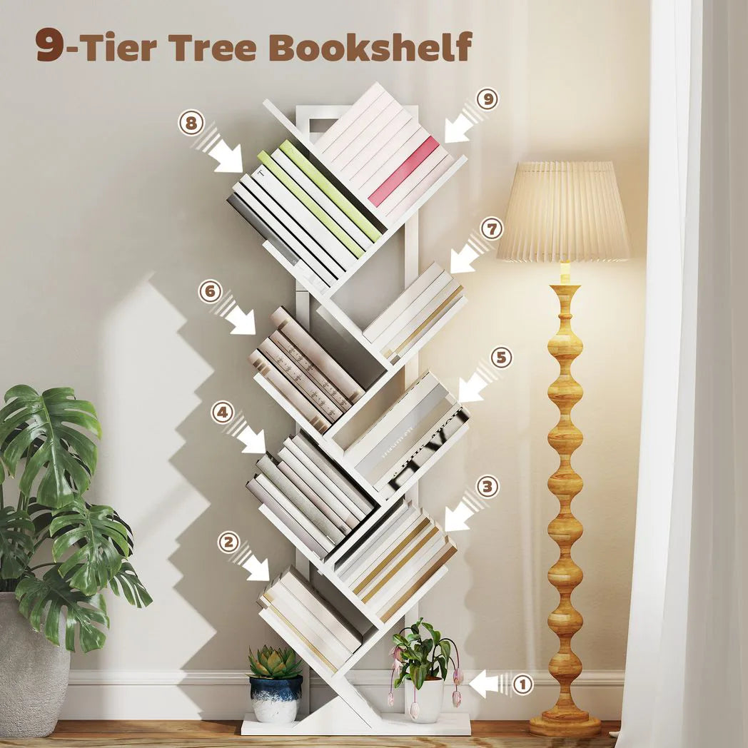 HOMCOM 9-Tier Tree Bookshelf with Steel Frame – Industrial Free Standing Bookcase for Books & Display, White