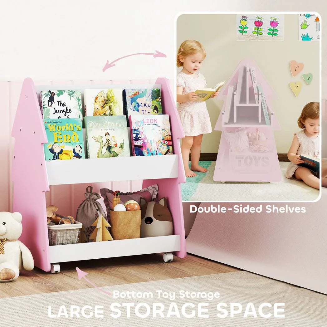 AIYAPLAY Kids Bookshelf with Toy Storage, Double-Sided 3-Tier Bookcase on Wheels – Bedroom Book Rack, Pink