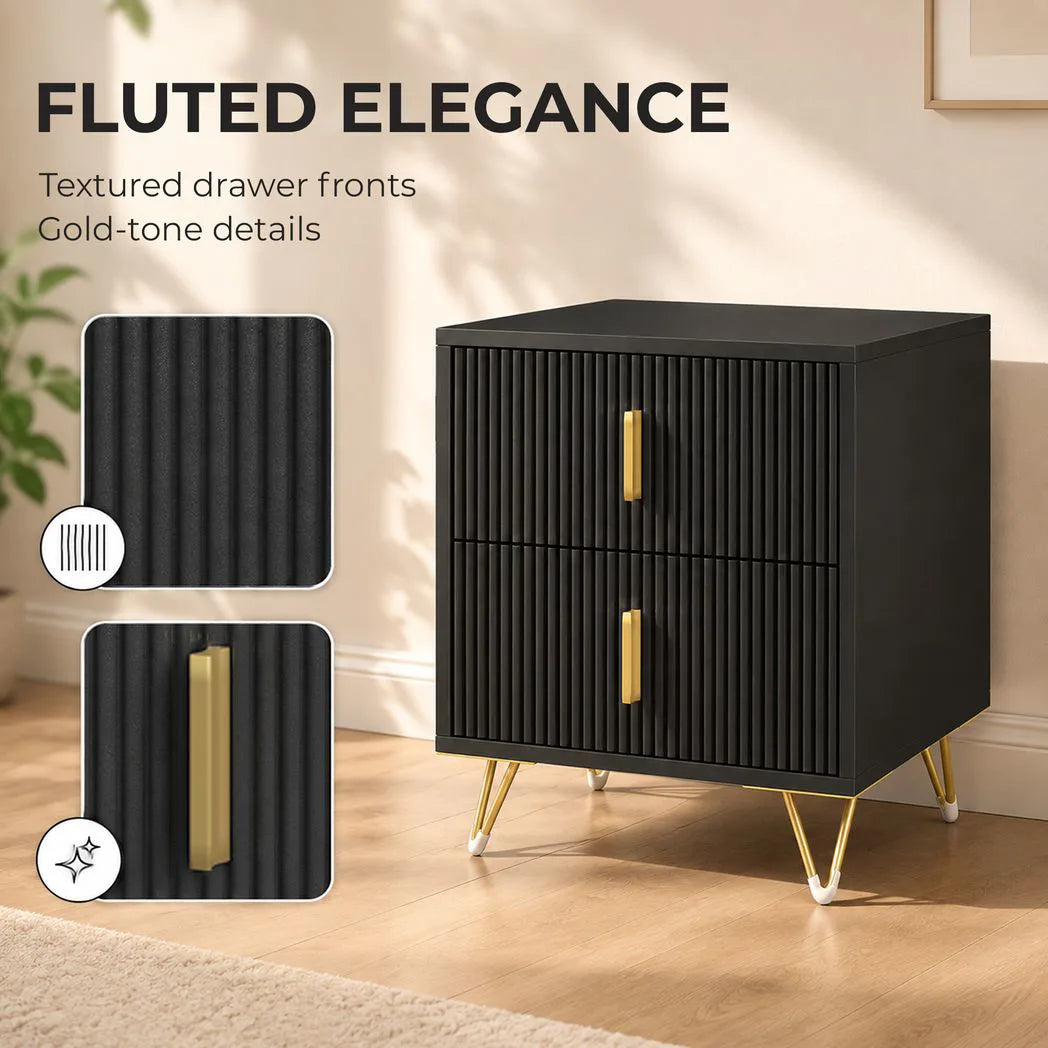 HOMCOM Fluted Bedside Table with 2 Drawers and Gold-Tone Handles, Compact Nightstand with Hairpin Legs – Black