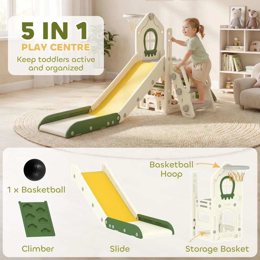 AIYAPLAY Foldable 5 in 1 Toddler Slide with Ladder, Climbing Wall, Basketball Hoop and Storage – Cream