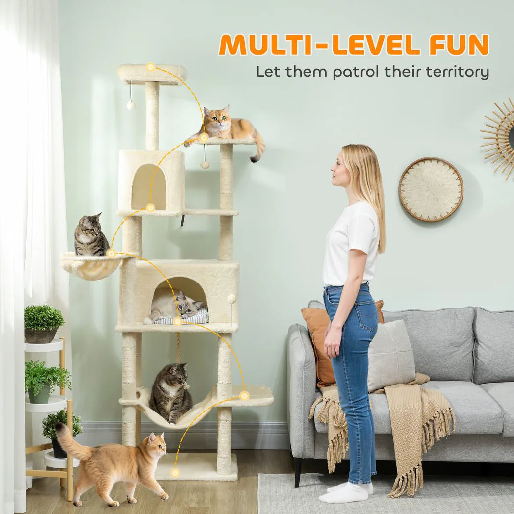 PawHut 202cm Cat Tree with 6 Scratching Posts, 2 Hammocks and 2 Condos – Cat Tower, Beige