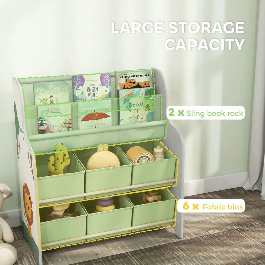 AIYAPLAY Kids Storage Unit with 6 Fabric Drawers and 2-Tier Sling Book Rack – Toy Organiser, Green