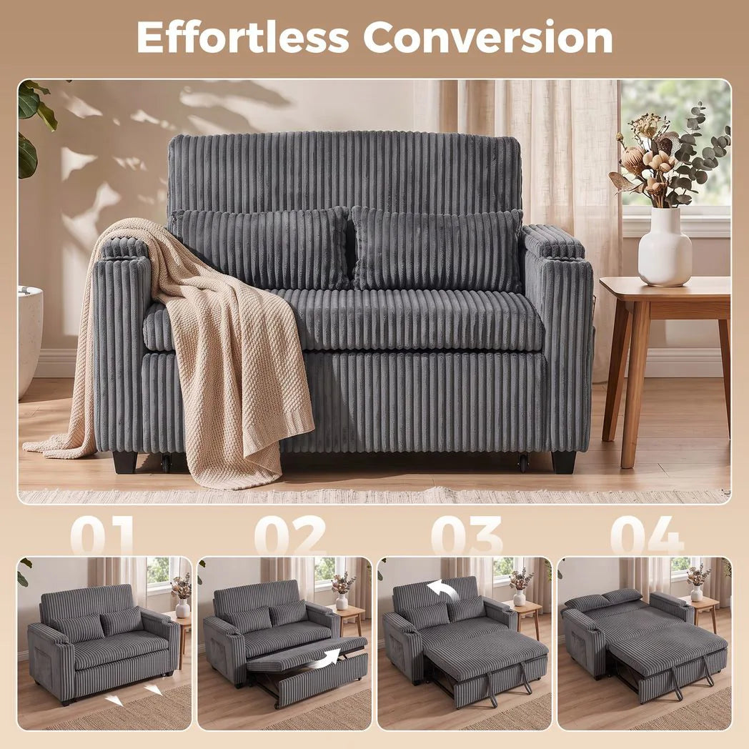 HOMCOM 2 Seater Sofa Bed with 5-Position Backrest, Storage Armrest and Cup Holders – Corduroy Sleeper, Dark Grey