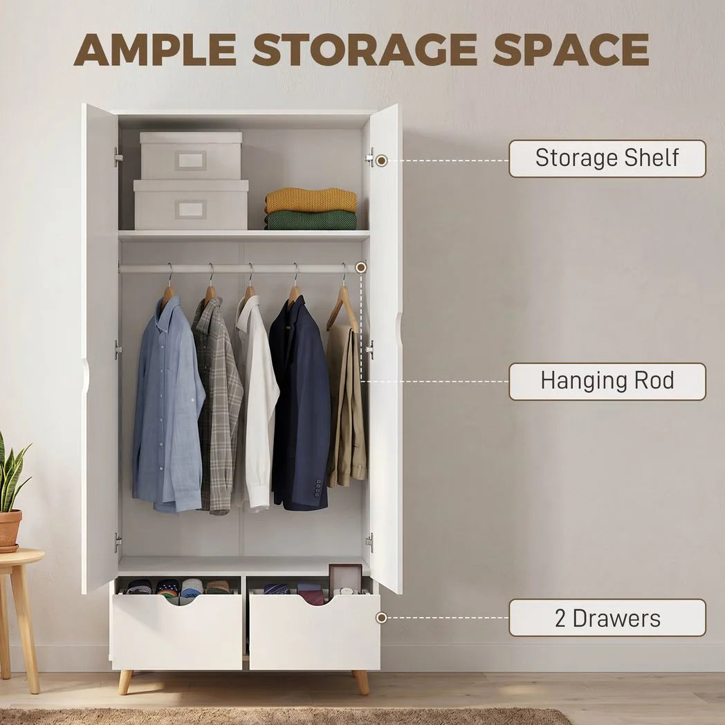 HOMCOM 2-Door Wardrobe with 2 Drawers, Hanging Rail and Wood Feet – Bedroom Clothes Storage with Anti-Tip Straps, White