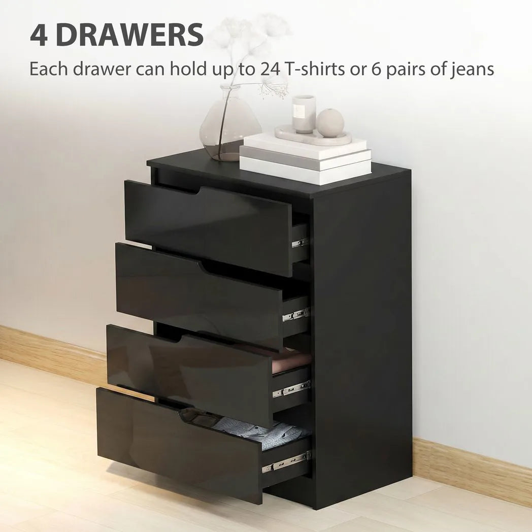 HOMCOM Four-Drawer Chest of Drawers with High Gloss Fronts and Hidden Handles – Bedroom Storage Dresser, Black