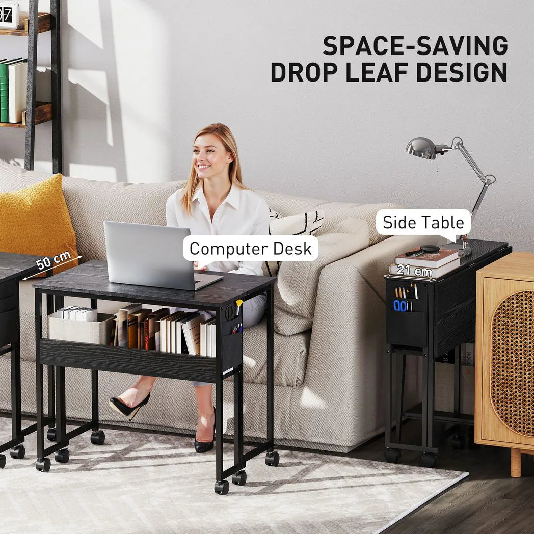 HOMCOM 80cm Drop Leaf Writing Desk with Wheels and Lower Shelf – Foldable Work Table, Black