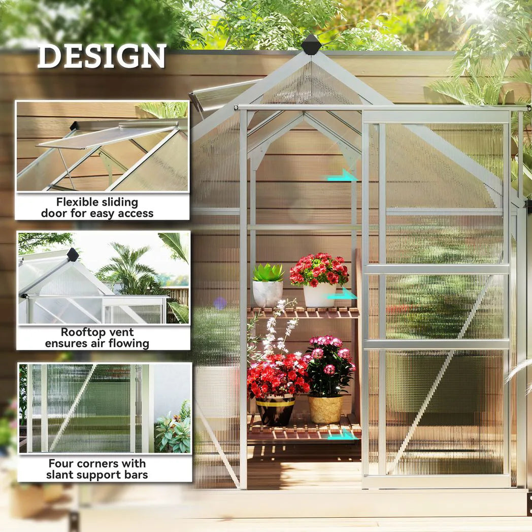 Outsunny 6 x 6ft Polycarbonate Walk-In Greenhouse with Aluminium Frame & Sliding Door – Garden Growhouse, Clear