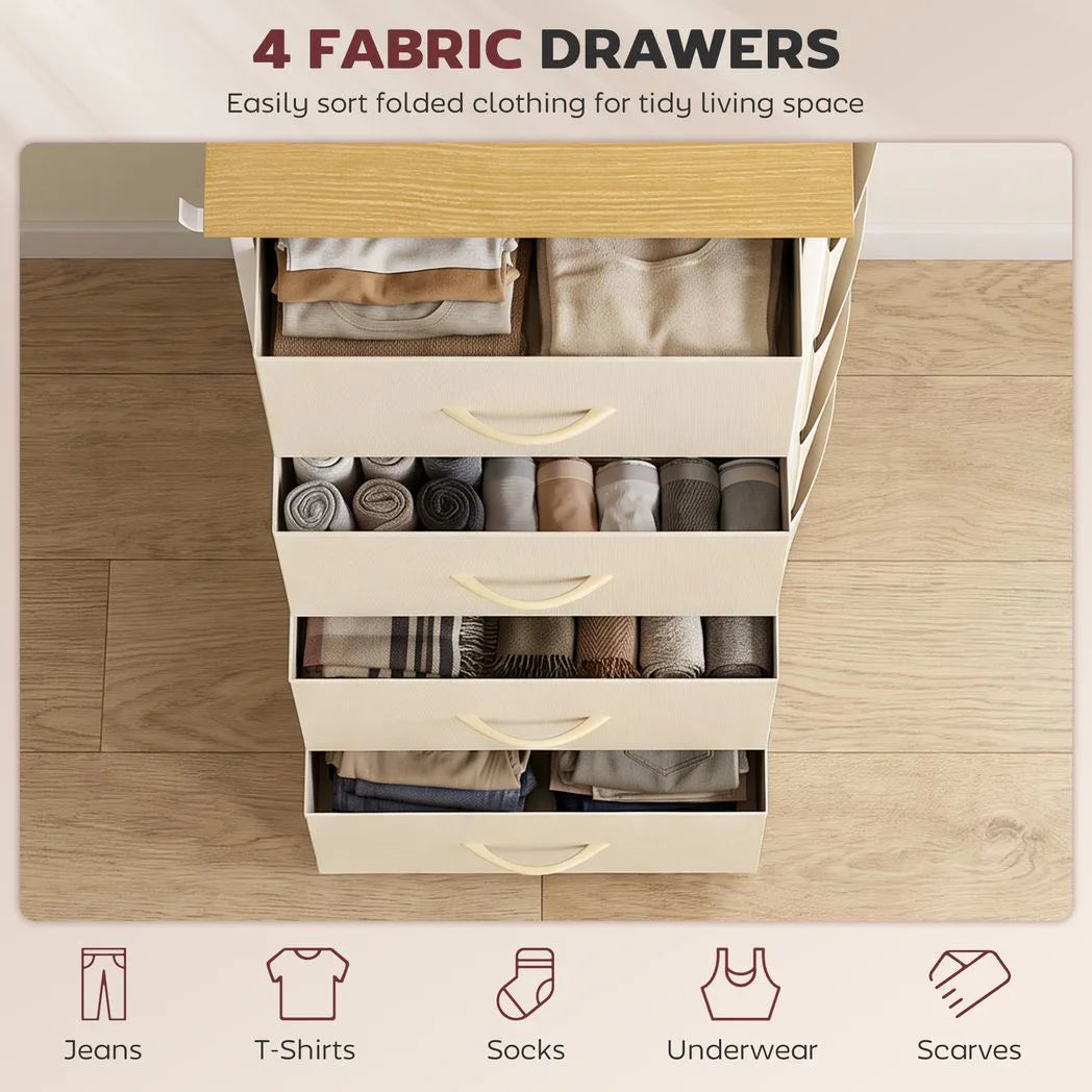 HOMCOM Chest of Drawers with 4 Fabric Drawers, 2 Hooks and Steel Frame – Tall Bedroom Storage Unit, Beige