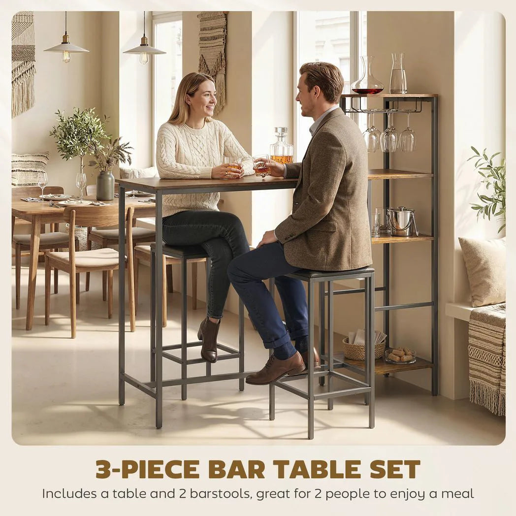 HOMCOM 3 Piece Breakfast Bar Table and Stools Set with 4-Tier Shelving and Wine Glass Racks, Rustic Brown
