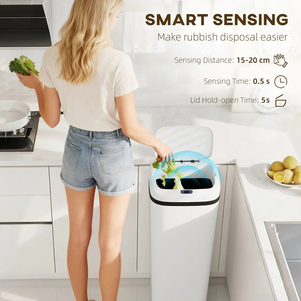 HOMCOM 50L Stainless Steel Sensor Bin with Bag-Fixing Ring – Slim Hands-Free Kitchen Waste Bin, White