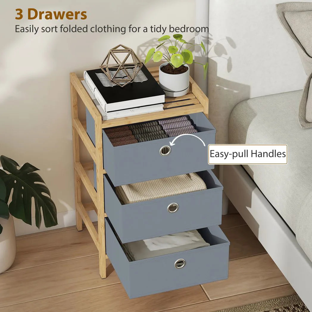 HOMCOM Narrow Chest of Drawers with 3 Fabric Drawers and Bamboo Frame – Slim Bedroom Dresser, Light Grey