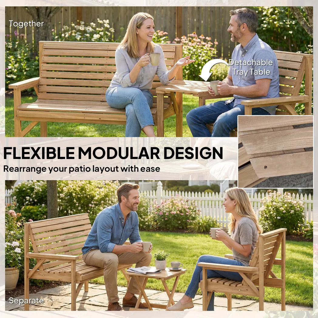 Outsunny 3-Piece Wooden Garden Furniture Set – Armchair, 2-Seater Bench and Detachable Table, Natural Wood