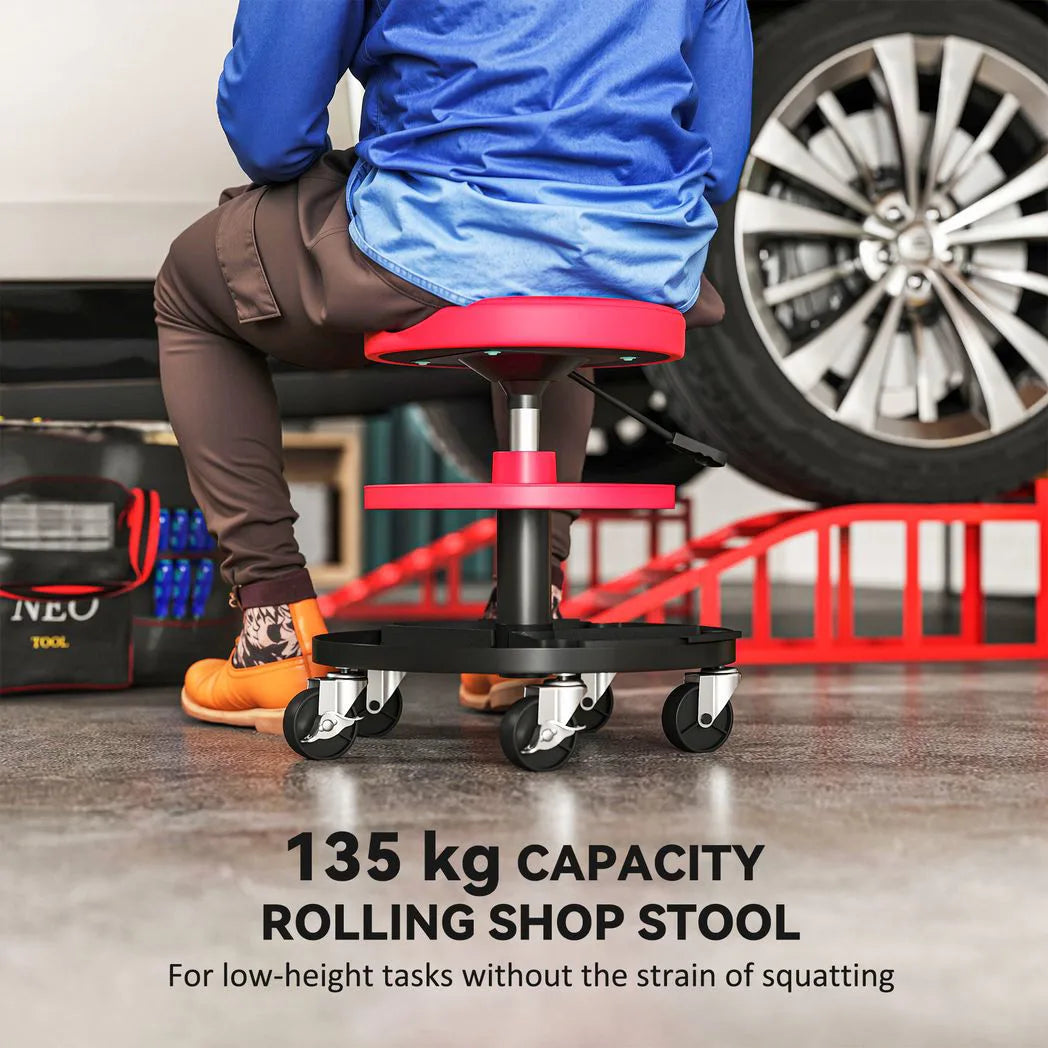 HOMCOM Rolling Mechanic Stool with 360° Swivel Wheels, Padded Seat and Tool Trays, 135kg – Garage Workshop Seat, Red