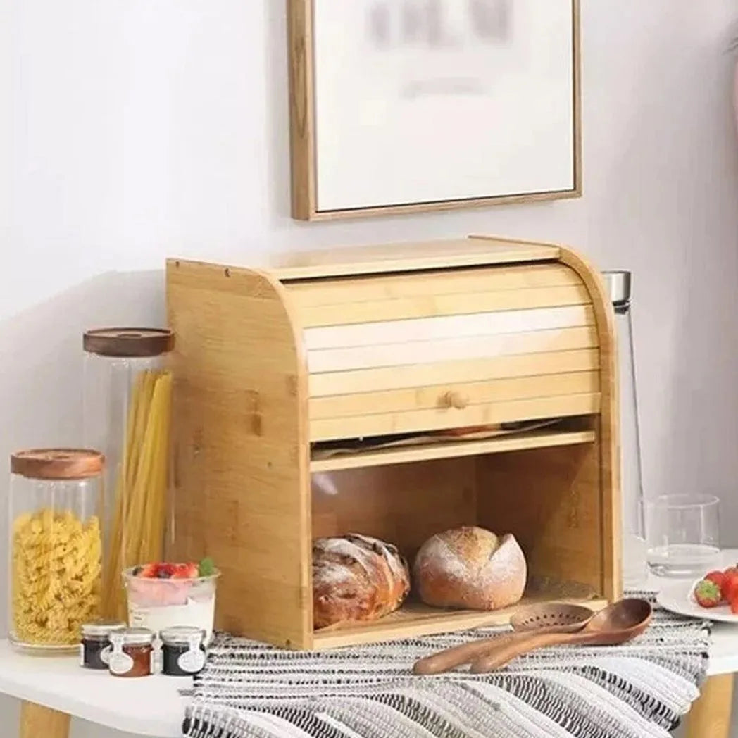 2-Tier Bamboo Bread Bin with Roll Top Lid and Sliding Door – Kitchen Food Storage Box with Food Clip