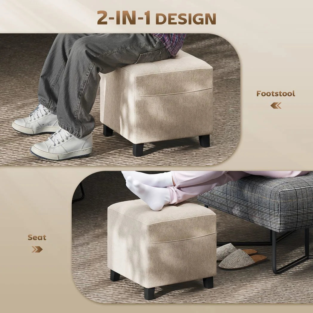 HOMCOM Small Ottoman Footstool with Side Pocket, Padded Seat and Rubber Wood Legs – Living Room, Beige