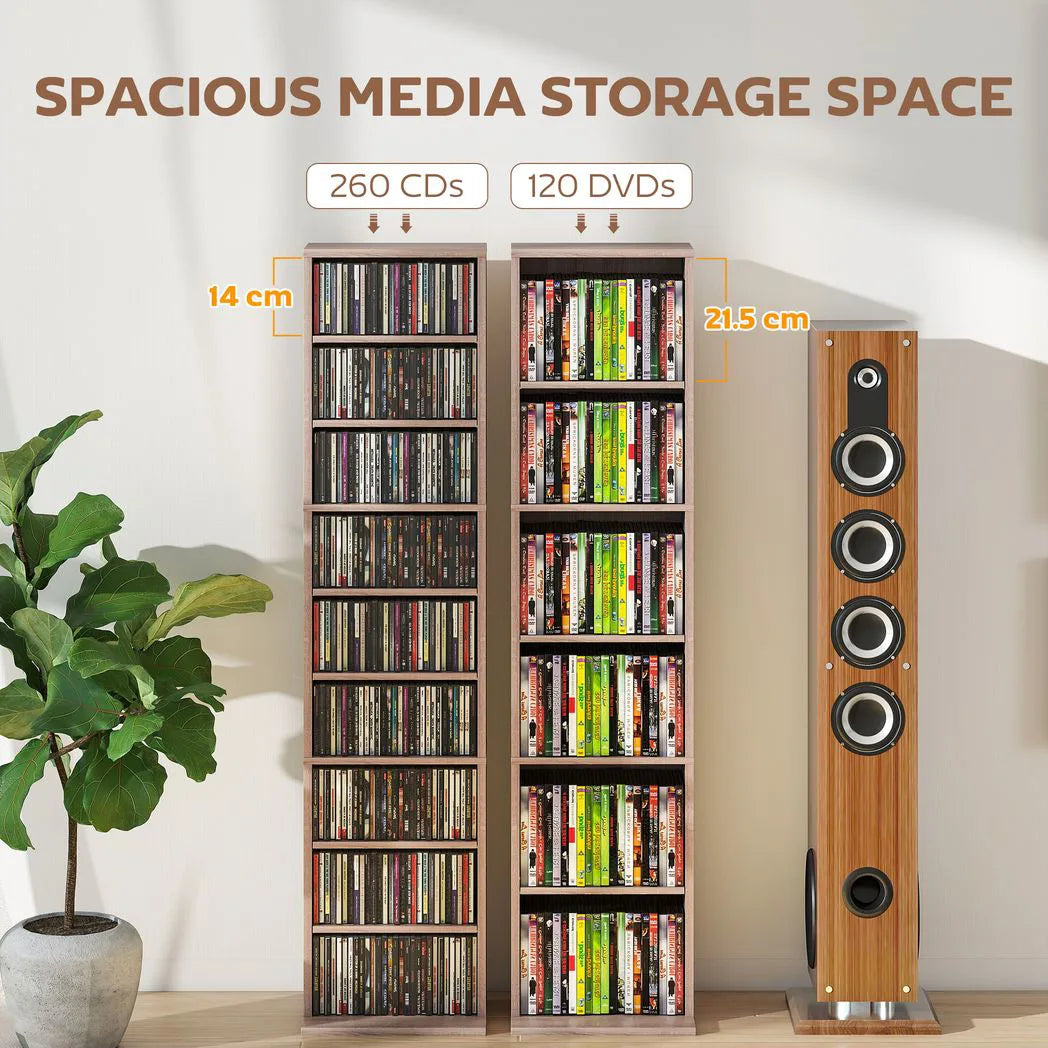 HOMCOM Narrow CD Storage Unit for 260 CDs or 120 DVDs – Tall Media Tower with Anti-Tip Straps, Natural Wood