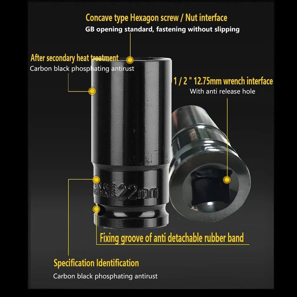 1/2" Drive Deep Impact Socket Set – 10 Long Reach Thin Wall Metric Sockets 10-24mm, Chrome Vanadium Steel, Black
