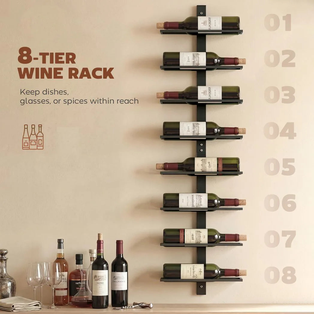 HOMCOM 8 Tier Wall Mounted Wine Rack – Metal Bottle Display and Storage Holder for Kitchen, Black