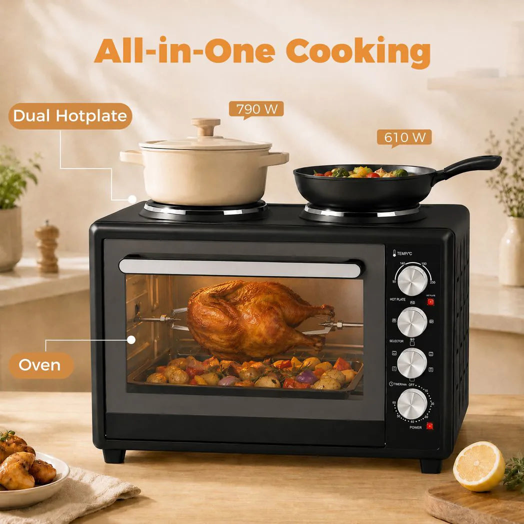 HOMCOM 36L Mini Oven with Dual Hot Plates, Convection Fan & Rotisserie – Countertop Electric Cooker, 90–230°C