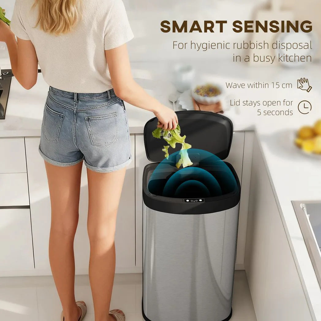 HOMCOM 55L Automatic Sensor Bin with Soft-Close Lid – Touchless Fingerprint-Resistant Kitchen Bin, Stainless Steel
