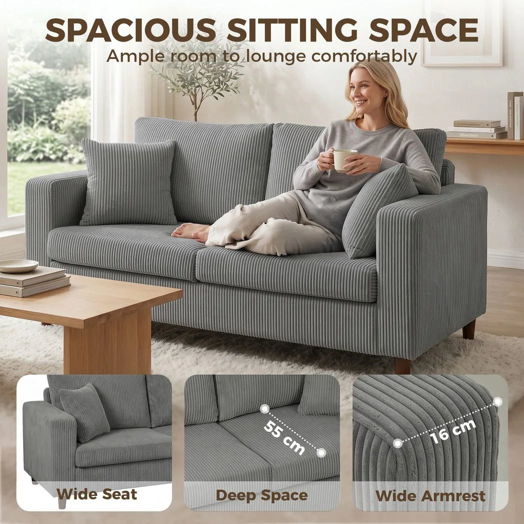 HOMCOM Corduroy 2-Seater Loveseat Sofa with Wide Seat, Spring Cushions and Rubberwood Legs, Light Grey