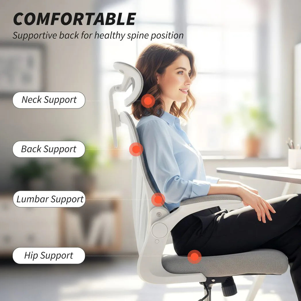 HOMCOM Ergonomic Office Chair with Foldable Backrest, 2D Headrest & Flip-Up Arms – Mesh Desk Chair, Light Grey