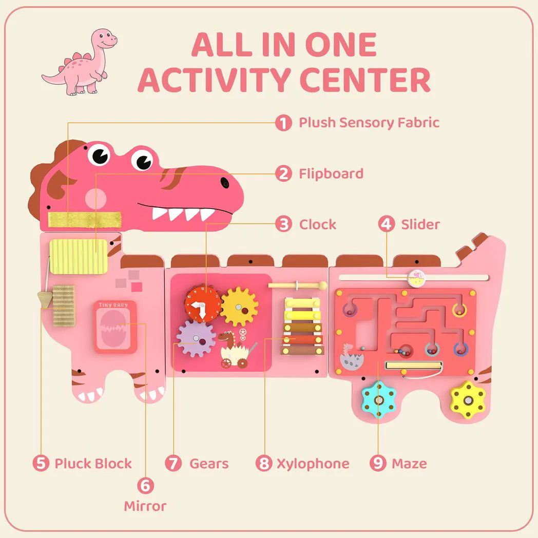 AIYAPLAY Wall-Mounted Montessori Busy Board with Xylophone – Dinosaur Toddler Learning Centre, Pink