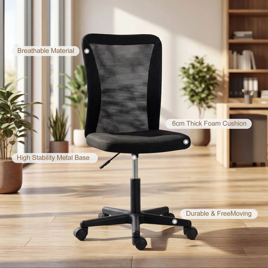 Vinsetto Armless Mesh Office Chair with Adjustable Height, 360° Swivel and Rolling Wheels, Black