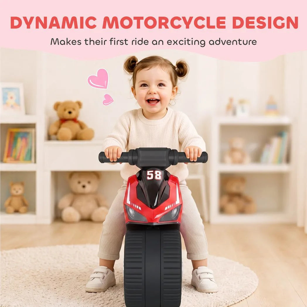 AIYAPLAY Toddler Balance Bike with Music, Extra-Wide PP Tyres & Motorbike Design – Boys and Girls Ride-On, Red