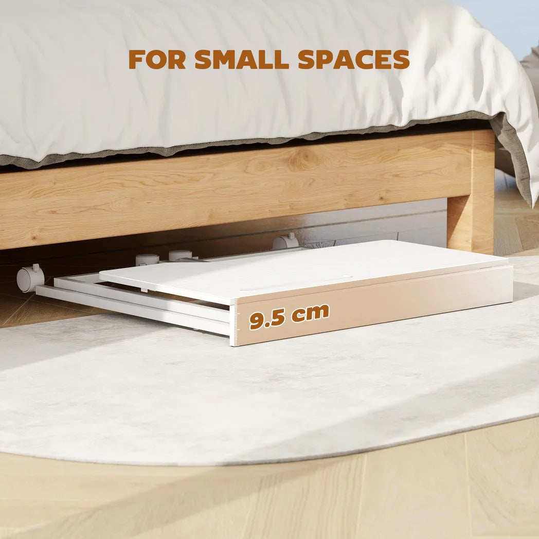HOMCOM Small Folding Desk with 4 Lockable Wheels & Device Slot – Space-Saving Study Desk, White Wood-Effect
