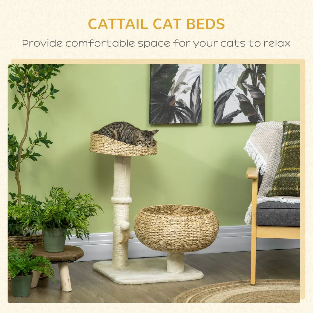 PawHut 72cm Cat Tree with Sisal Scratching Post, Two Beds & Toy Ball – Kitten Activity Tower, Beige