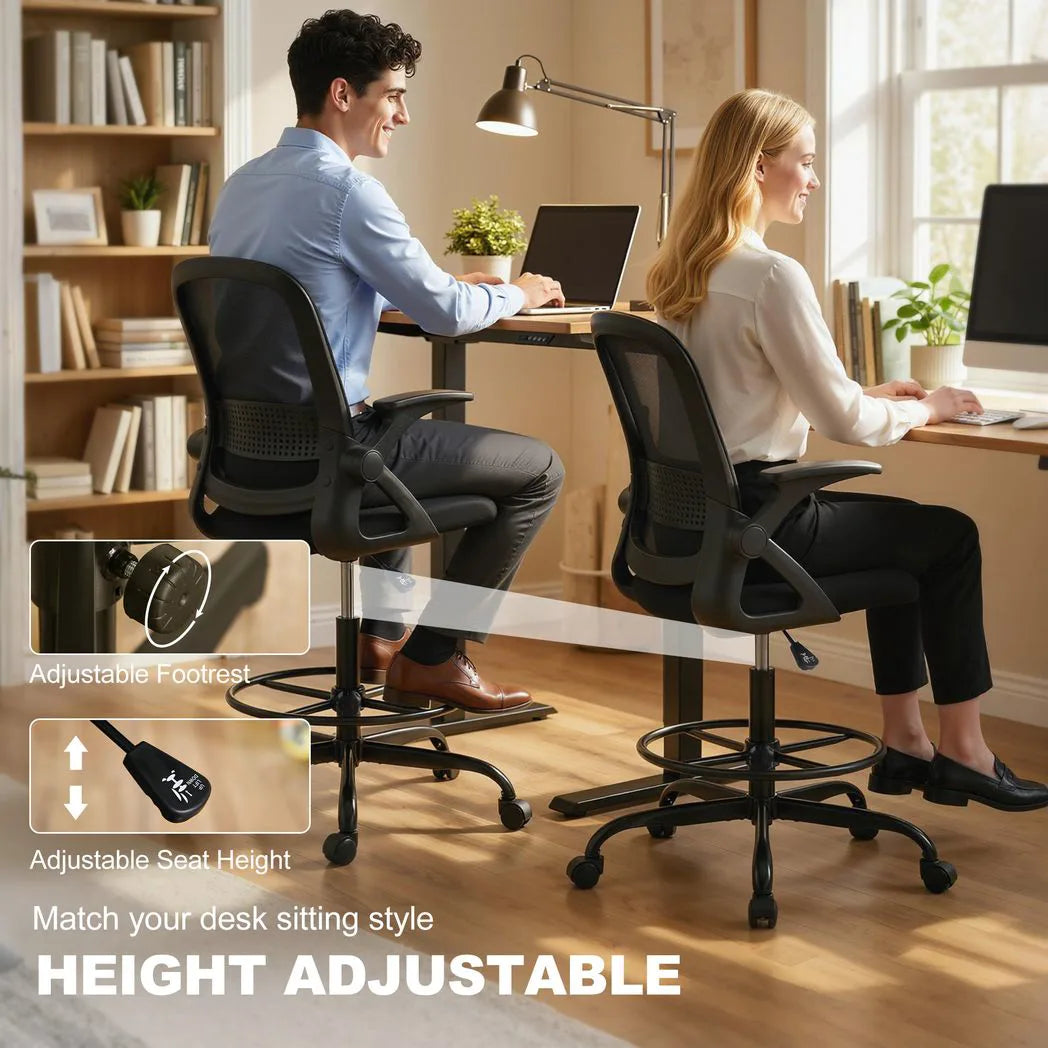 HOMCOM Painting Chair with Mesh Back, Adjustable Footrest & Flip-up Armrests – Sit-Stand Desk Chair, Black