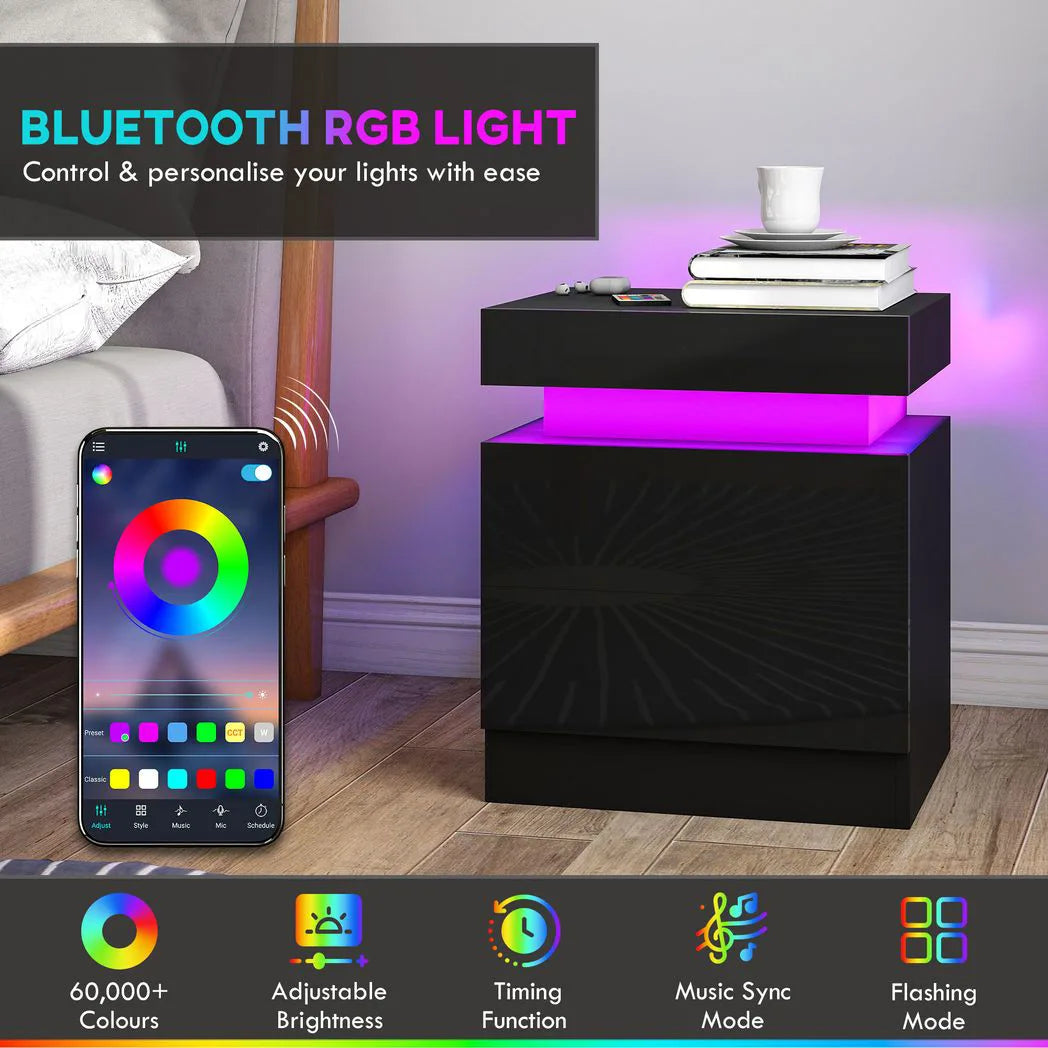 HOMCOM Set of 2 Bedside Tables with LED Light & 2 Drawers – High Gloss Nightstands for Bedroom, Black