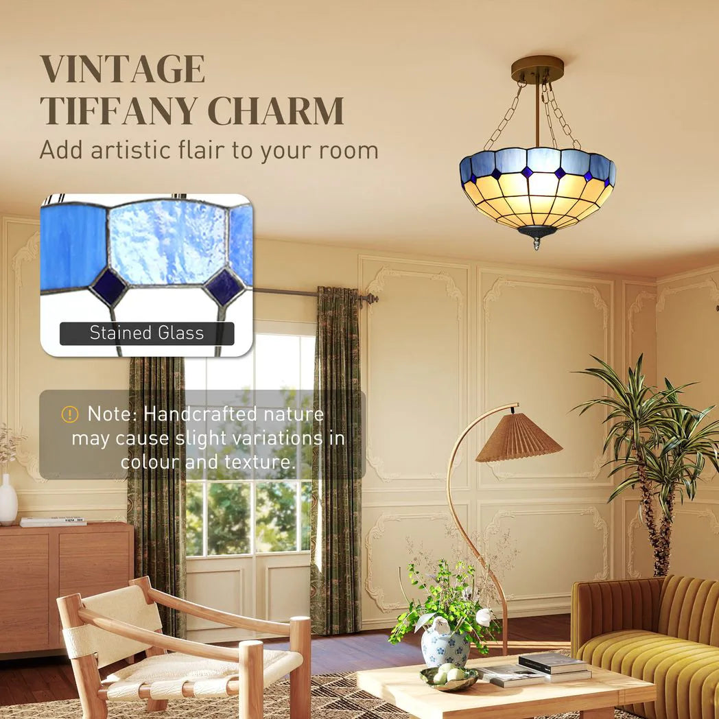 HOMCOM Tiffany Style Semi Flush Ceiling Light with 3 E27 Sockets – Vintage Stained Glass Chandelier for Living Room