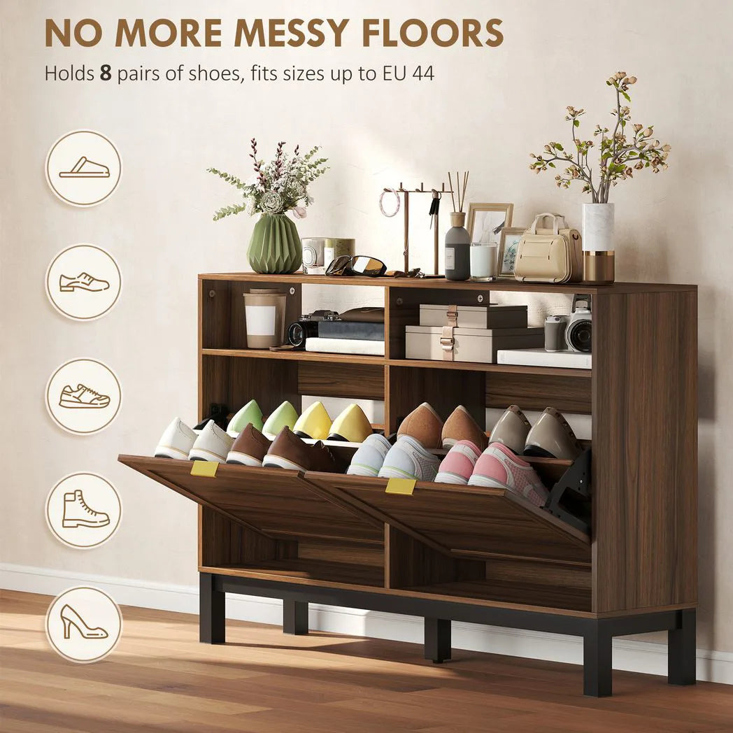 HOMCOM Narrow Shoe Cabinet with 2 Flip Drawers & Open Shelves – Rustic Brown