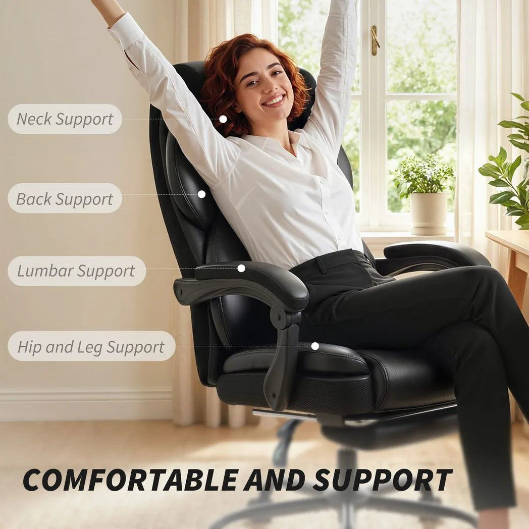 HOMCOM Reclining Office Chair with Footrest, Linkage Armrests and Casters – PU Leather Desk Chair, Black