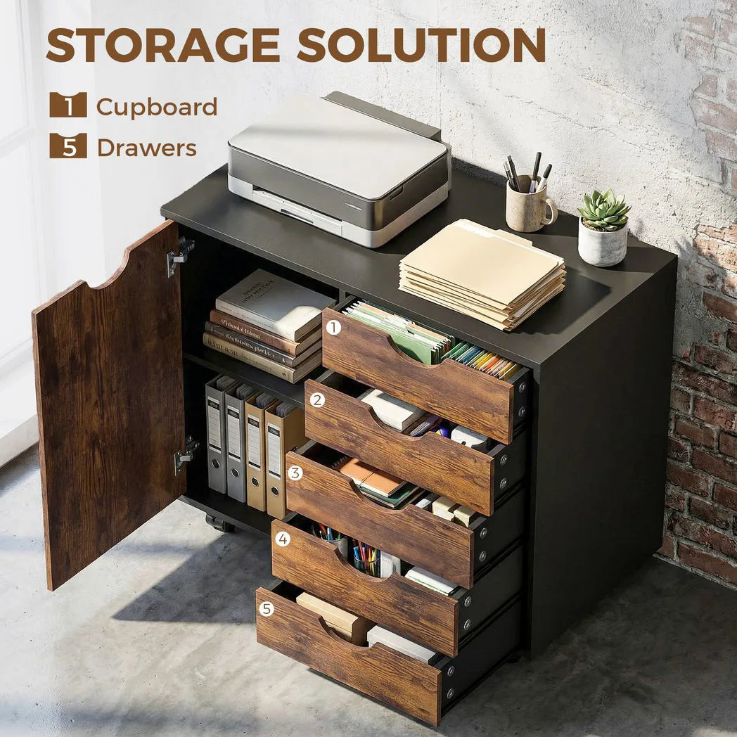 HOMCOM Mobile Office Storage Cabinet with 5 Drawers, Cupboard & Wheels – Study Filing Storage, Rustic Brown
