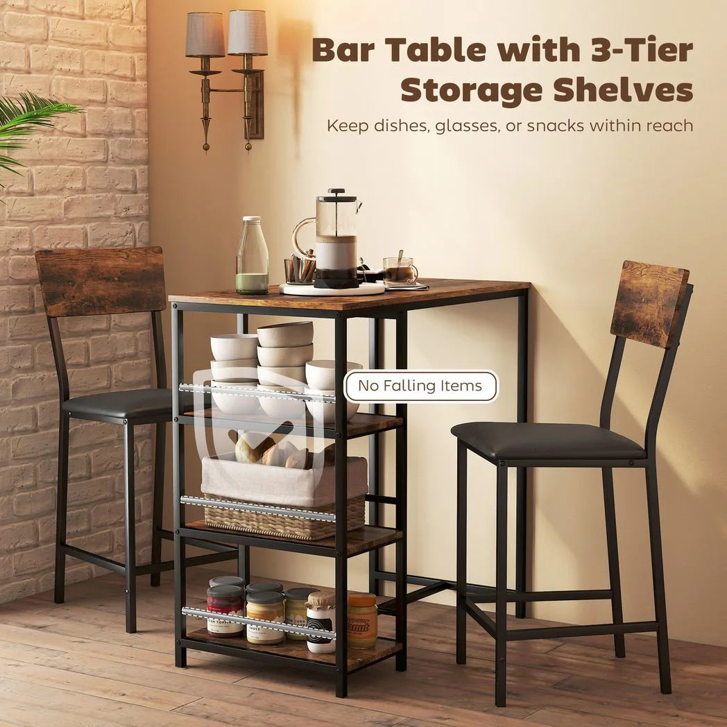 HOMCOM Three-Piece Compact Bar Table Set with 2 PU Leather Chairs and Side Shelves – Brown/Black