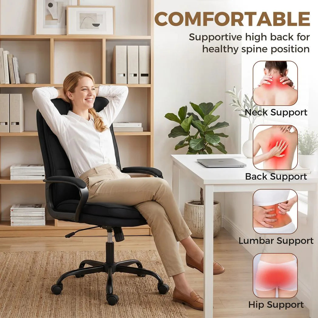 HOMCOM Double Padded Office Chair, Linen-Look Fabric, 60cm High Back, Height Adjustable and Rocking – Black