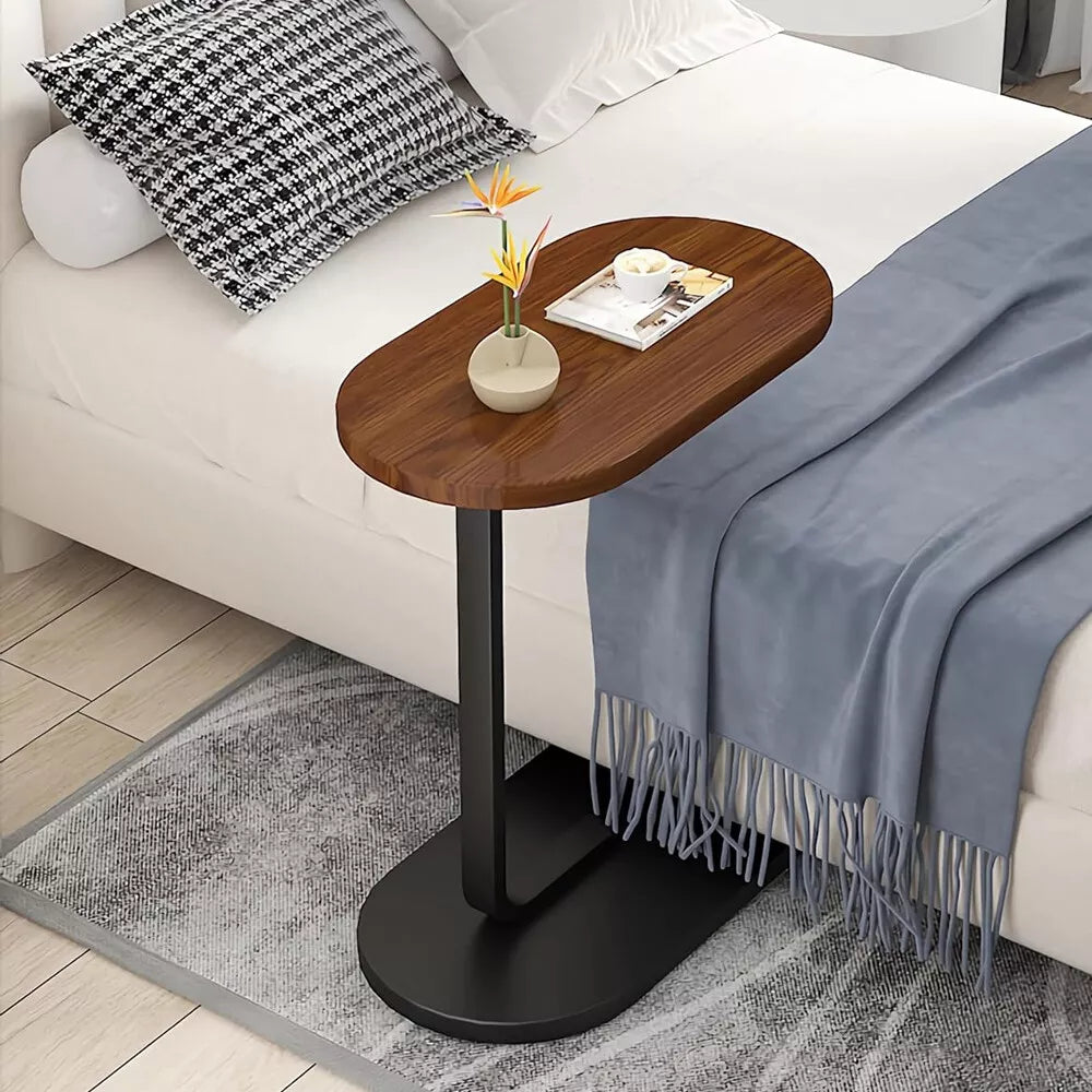 Small C-Shaped Side Table with Wood-Grain Top & Iron Legs, 45 x 28 x 60cm – Sofa End Table, Bedside Nightstand