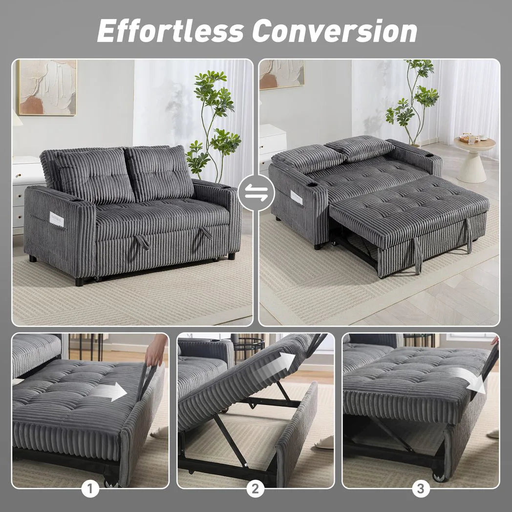 HOMCOM 2 Seater Click Clack Sofa Bed with Pull-Out Design & Cup Holders – Corduroy Upholstery, Charcoal Grey
