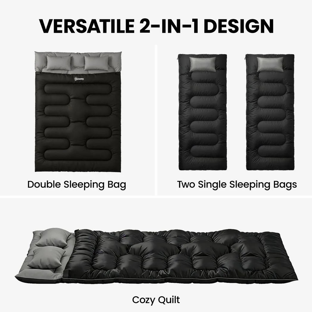 Outsunny Double Sleeping Bag with 2 Pillows, 220 x 160 cm – Extra-Large Convertible Camping Bag for Adults, Black