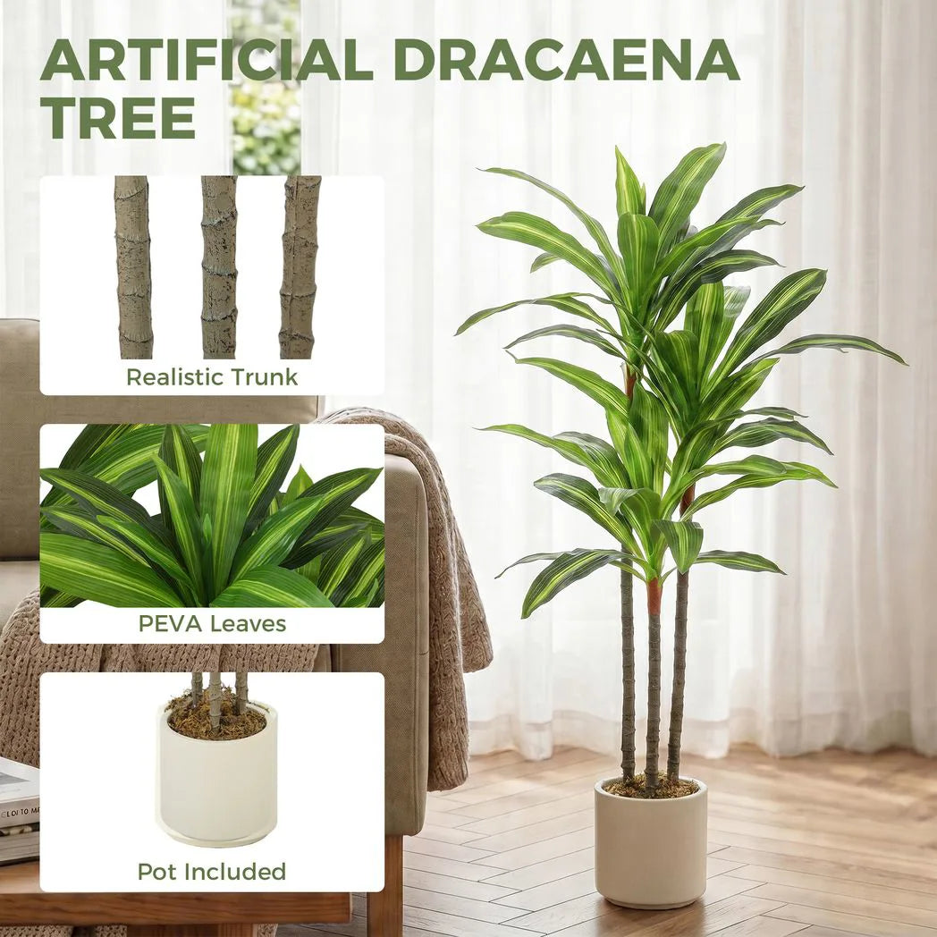 HOMCOM 90cm Artificial Dracaena Tree with Bendable Trunks – Lifelike Faux Plant in White Pot, Green