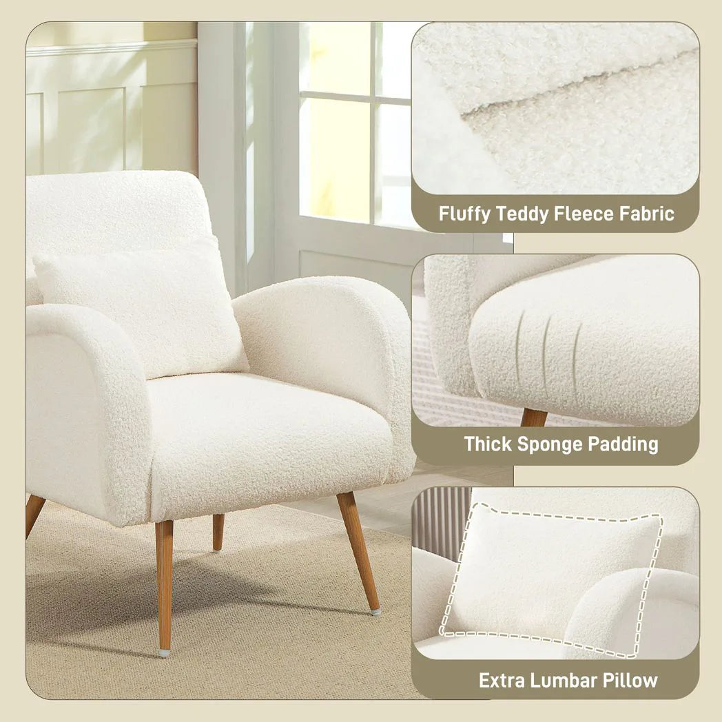 HOMCOM Teddy Fleece Accent Chair with Metal Legs and Curved Armrests – Living Room Armchair, Cream White