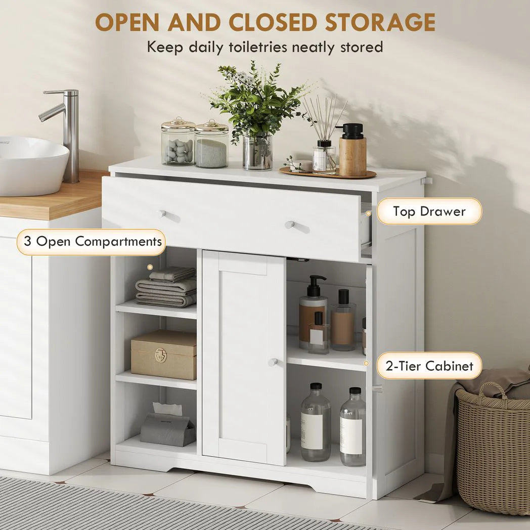 HOMCOM Freestanding Bathroom Floor Cabinet with Drawer, Double Doors and Open Shelves – Nordic Storage Unit, White